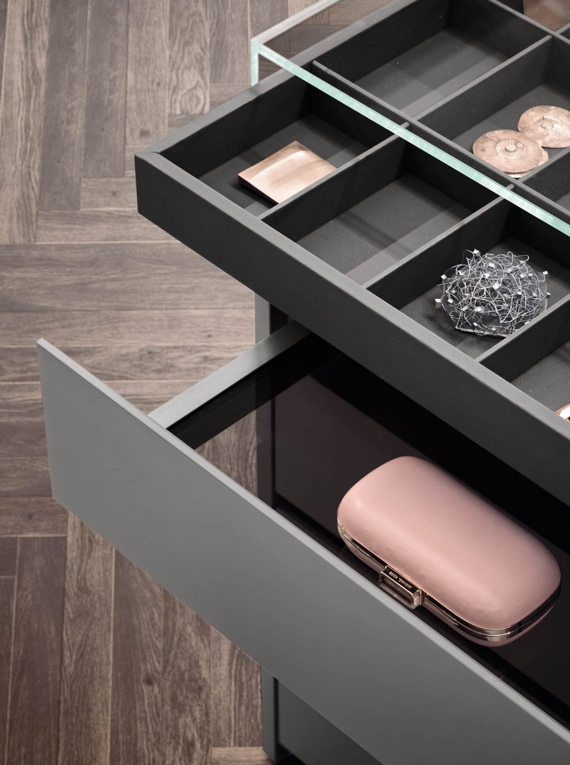 Pianca Sipario Island in Piombo matt lacquer, trays with grid in Manganese and internal accessories in Elephant synthetic leather, transparent glass top. Drawer with Manganese extractible frame and shelf in Fumé glass